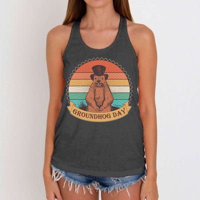 Vintage Groundhog Day Emblem Women's Knotted Racerback Tank