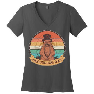 Vintage Groundhog Day Emblem Women's V-Neck T-Shirt