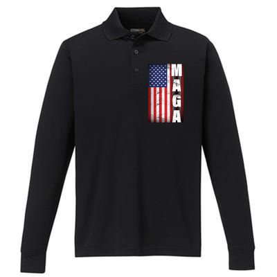 Vintage Grunge MAGA American Flag Performance Long Sleeve Polo