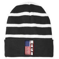 Vintage Grunge MAGA American Flag Striped Beanie with Solid Band