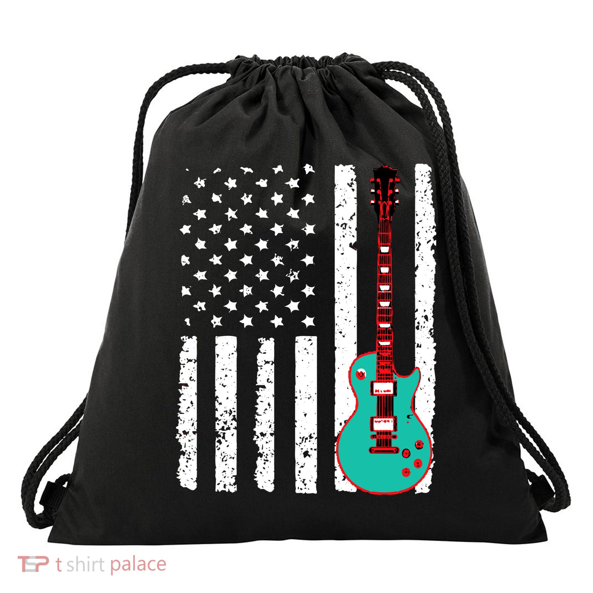 Vintage Guitar American Flag Drawstring Bag