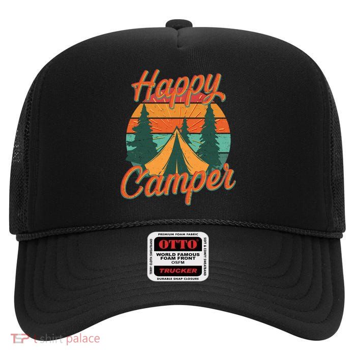 Vintage Happy Camper Emblem High Crown Mesh Back Trucker Hat