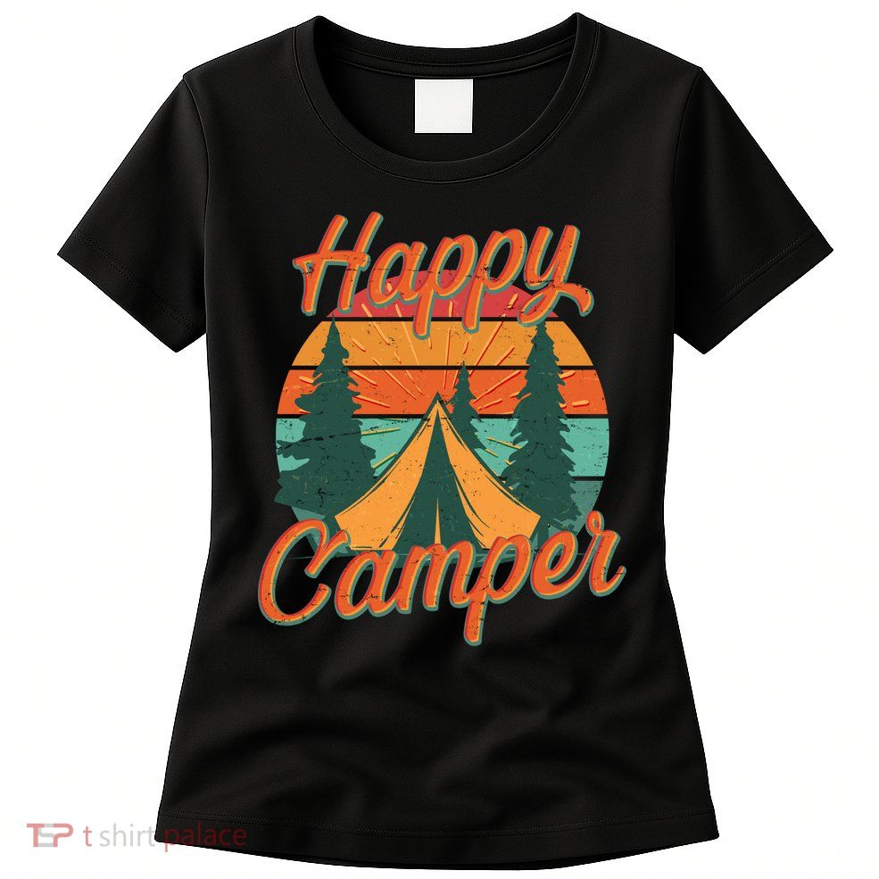 Vintage Happy Camper Emblem Womens T-Shirt