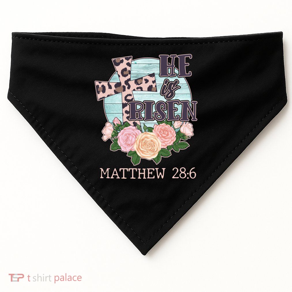 Vintage He is Risen Matthew 28:6 Floral Leopard Print USA-Made Doggie Bandana