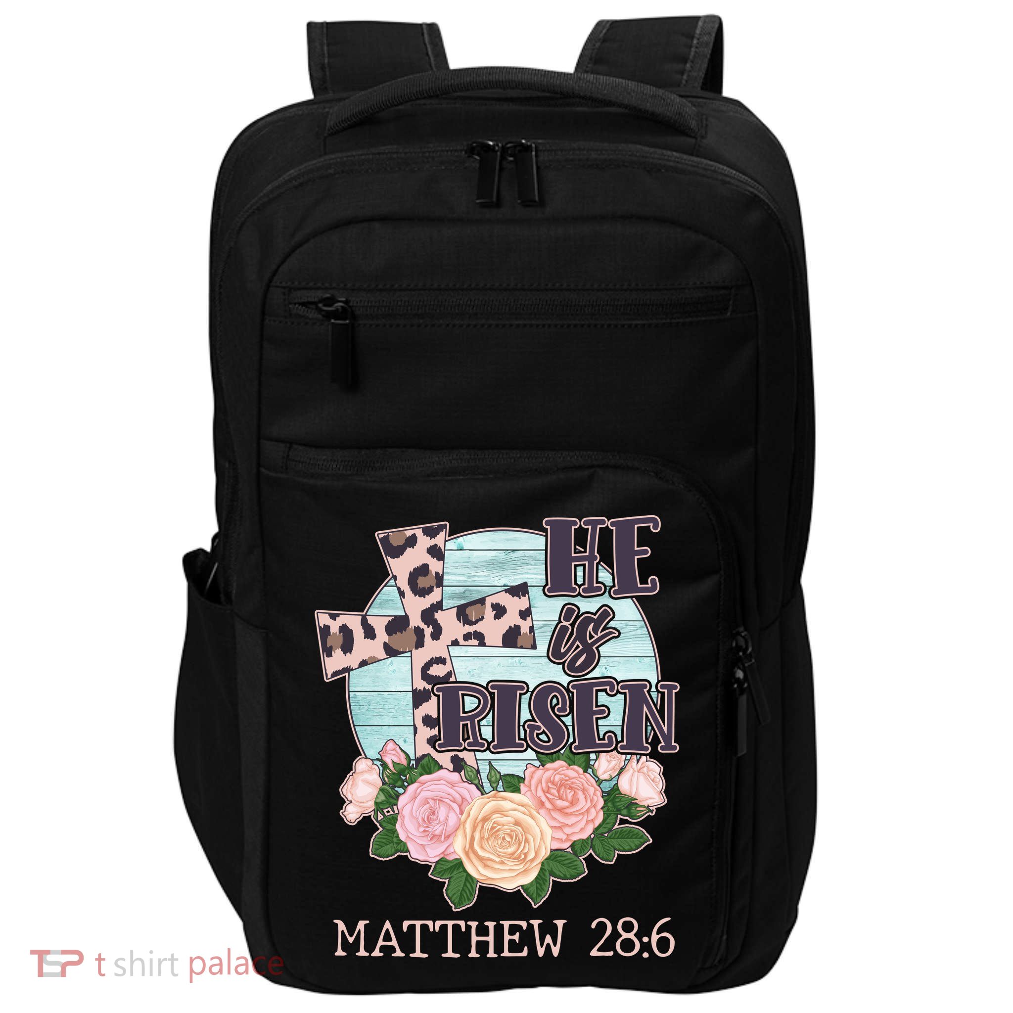 Vintage He is Risen Matthew 28:6 Floral Leopard Print Impact Tech Backpack