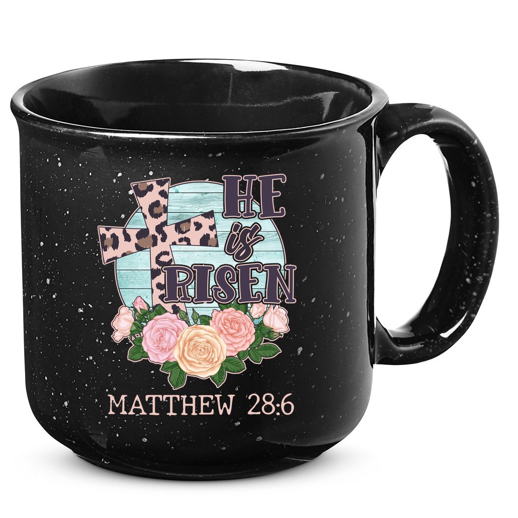 Vintage He is Risen Matthew 28:6 Floral Leopard Print 15oz Campfire Ceramic Mug
