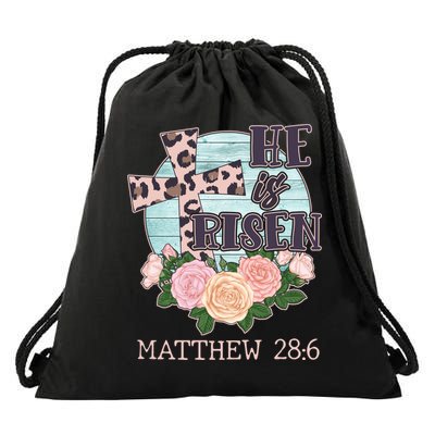 Vintage He is Risen Matthew 28:6 Floral Leopard Print Drawstring Bag