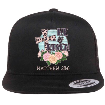 Vintage He is Risen Matthew 28:6 Floral Leopard Print Flatbill Hat
