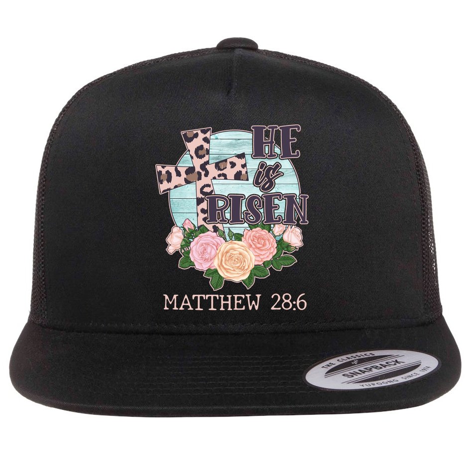 Vintage He is Risen Matthew 28:6 Floral Leopard Print Flat Bill Trucker Hat