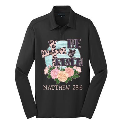 Vintage He is Risen Matthew 28:6 Floral Leopard Print Silk Touch Performance Long Sleeve Polo