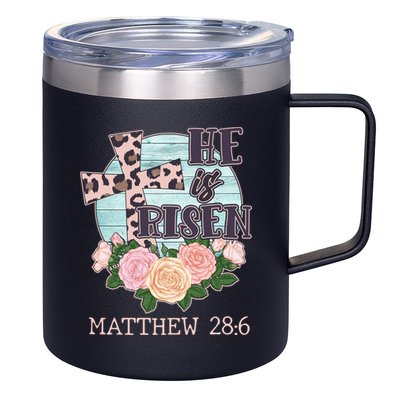 Vintage He is Risen Matthew 28:6 Floral Leopard Print 12oz Stainless Steel Coffee Mug