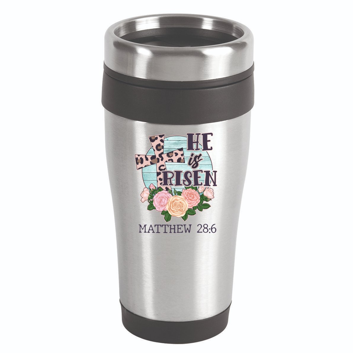 Vintage He is Risen Matthew 28:6 Floral Leopard Print 16oz Travel Tumbler