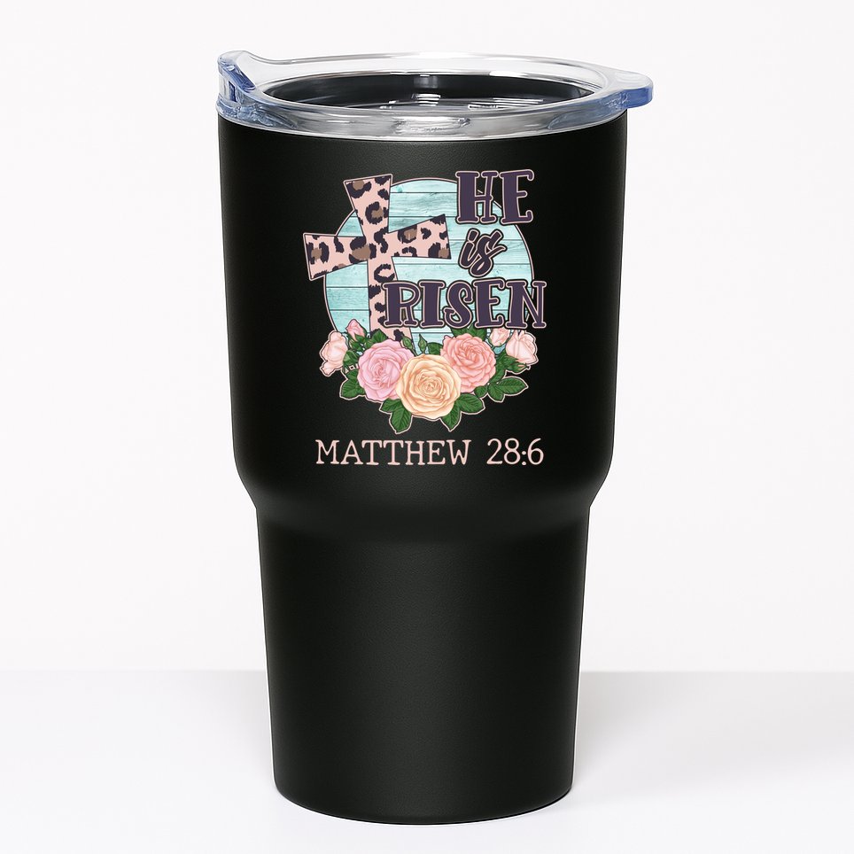Vintage He is Risen Matthew 28:6 Floral Leopard Print Tumbler