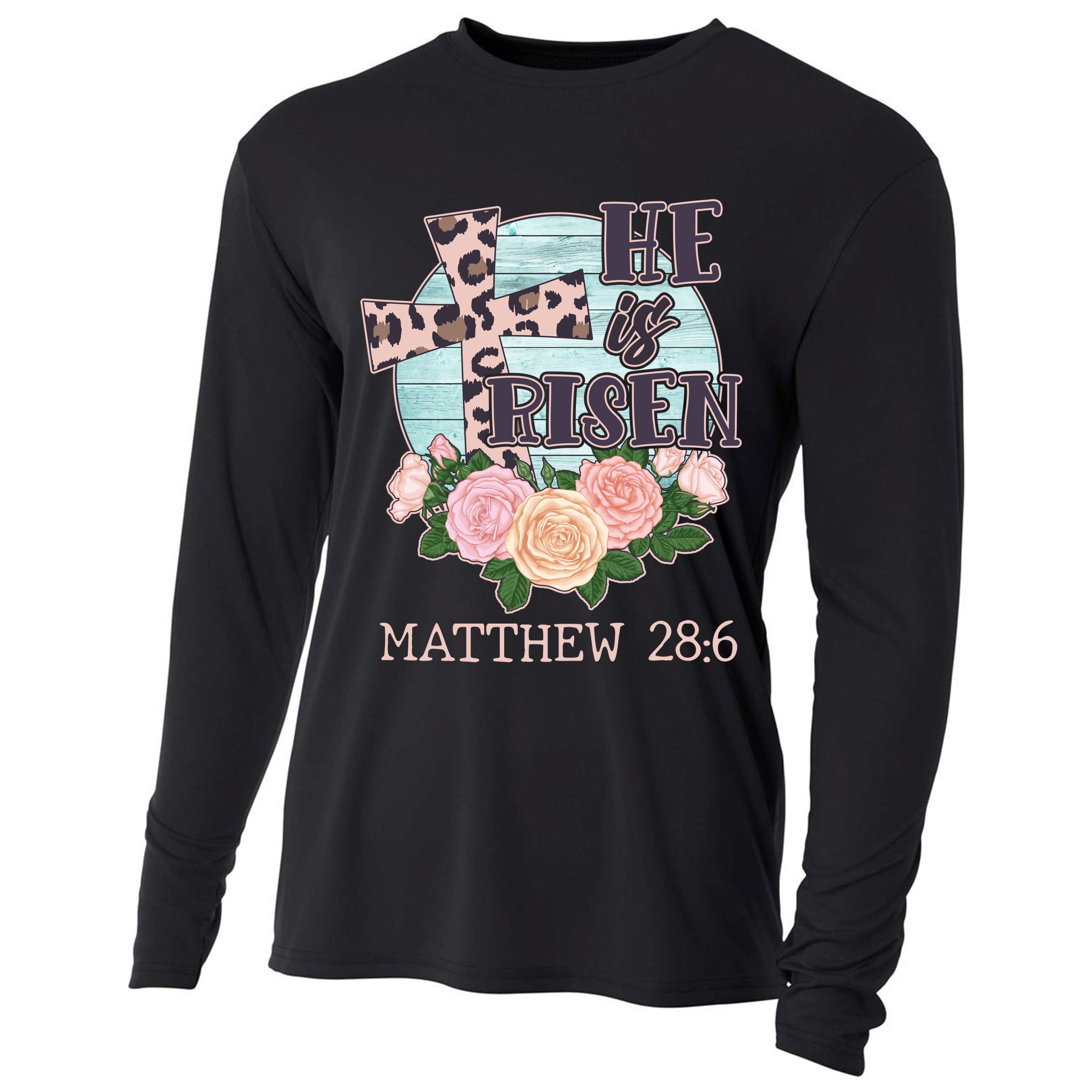 Vintage He is Risen Matthew 28:6 Floral Leopard Print Cooling Performance Long Sleeve Crew