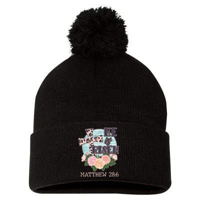 Vintage He is Risen Matthew 28:6 Floral Leopard Print Pom Pom 12in Knit Beanie
