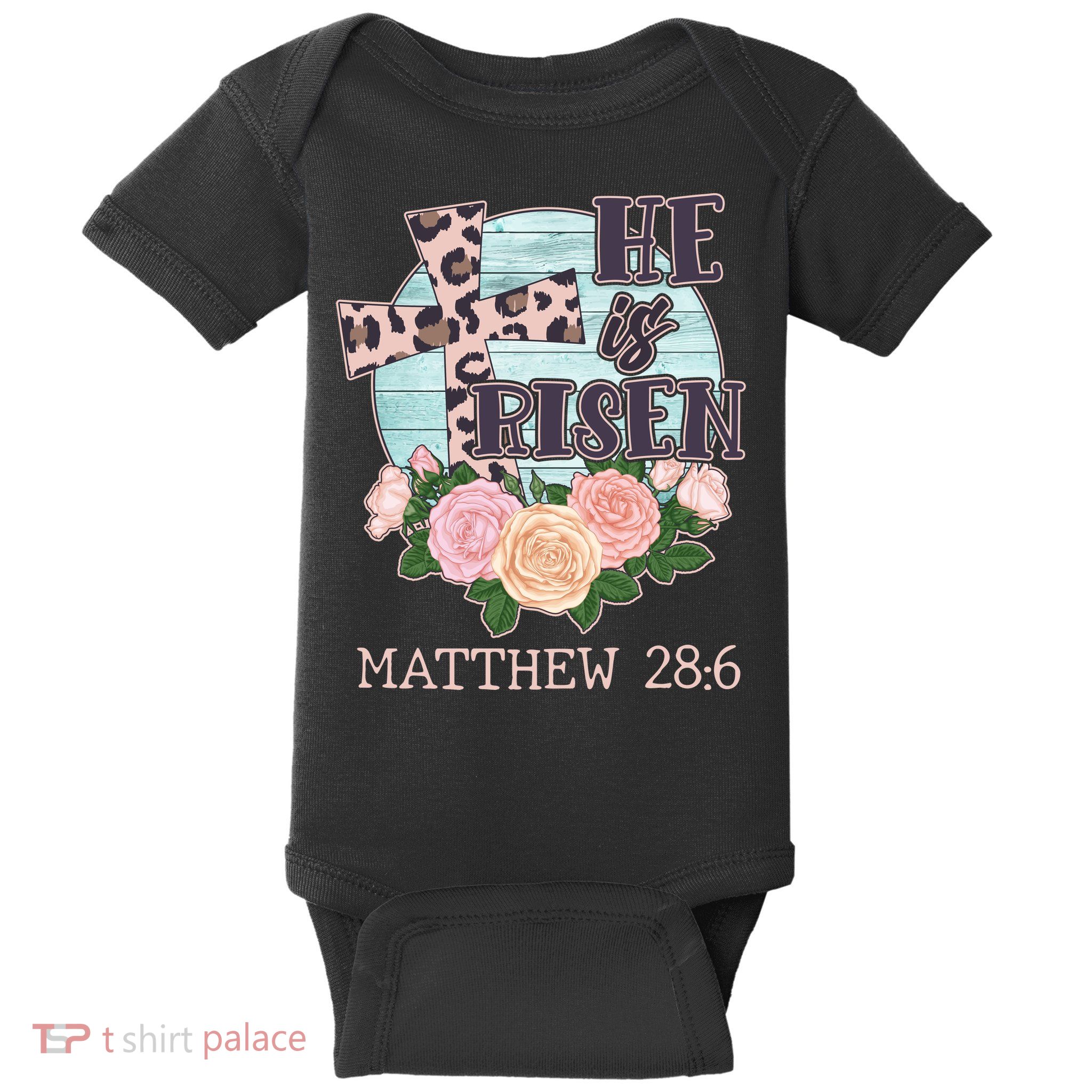 Vintage He is Risen Matthew 28:6 Floral Leopard Print Baby Bodysuit