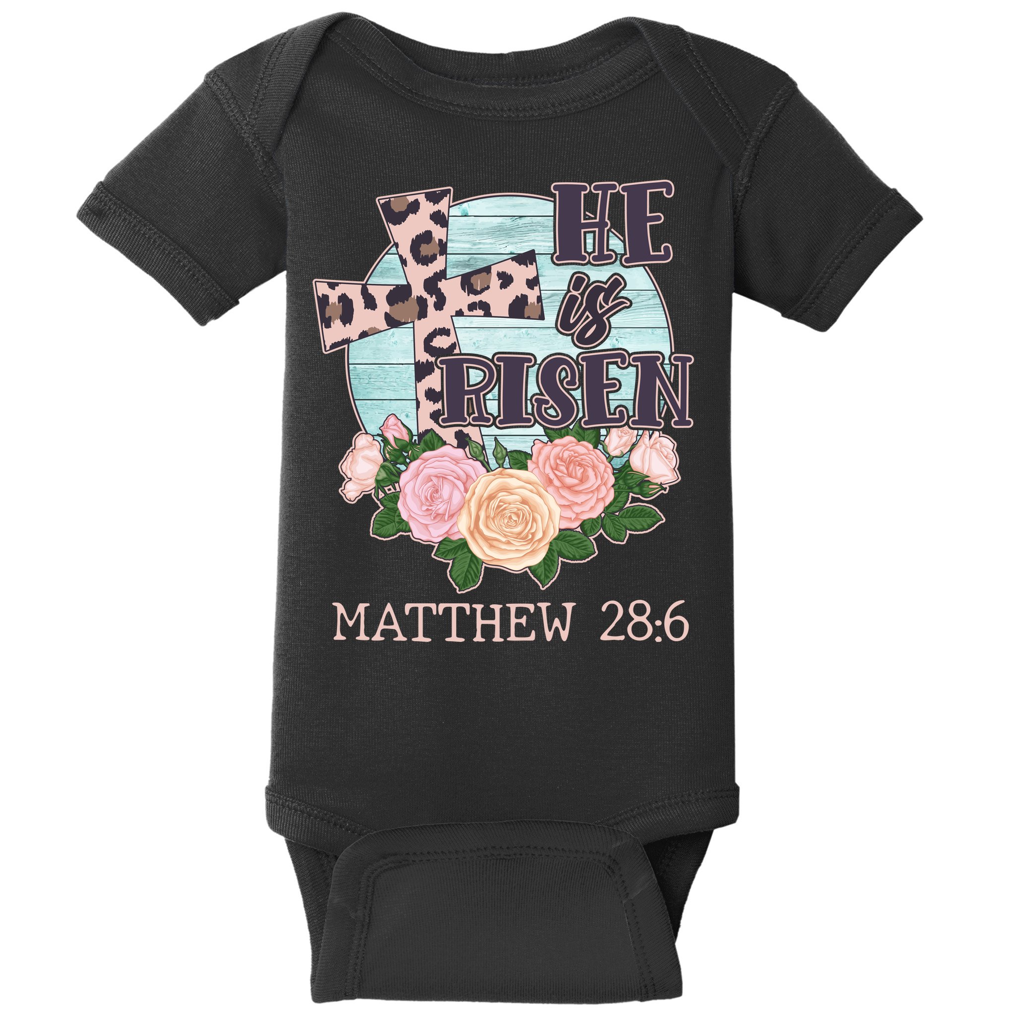 Vintage He is Risen Matthew 28:6 Floral Leopard Print Baby Bodysuit