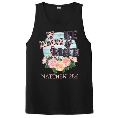 Vintage He is Risen Matthew 28:6 Floral Leopard Print PosiCharge Competitor Tank