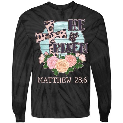 Vintage He is Risen Matthew 28:6 Floral Leopard Print Tie-Dye Long Sleeve Shirt