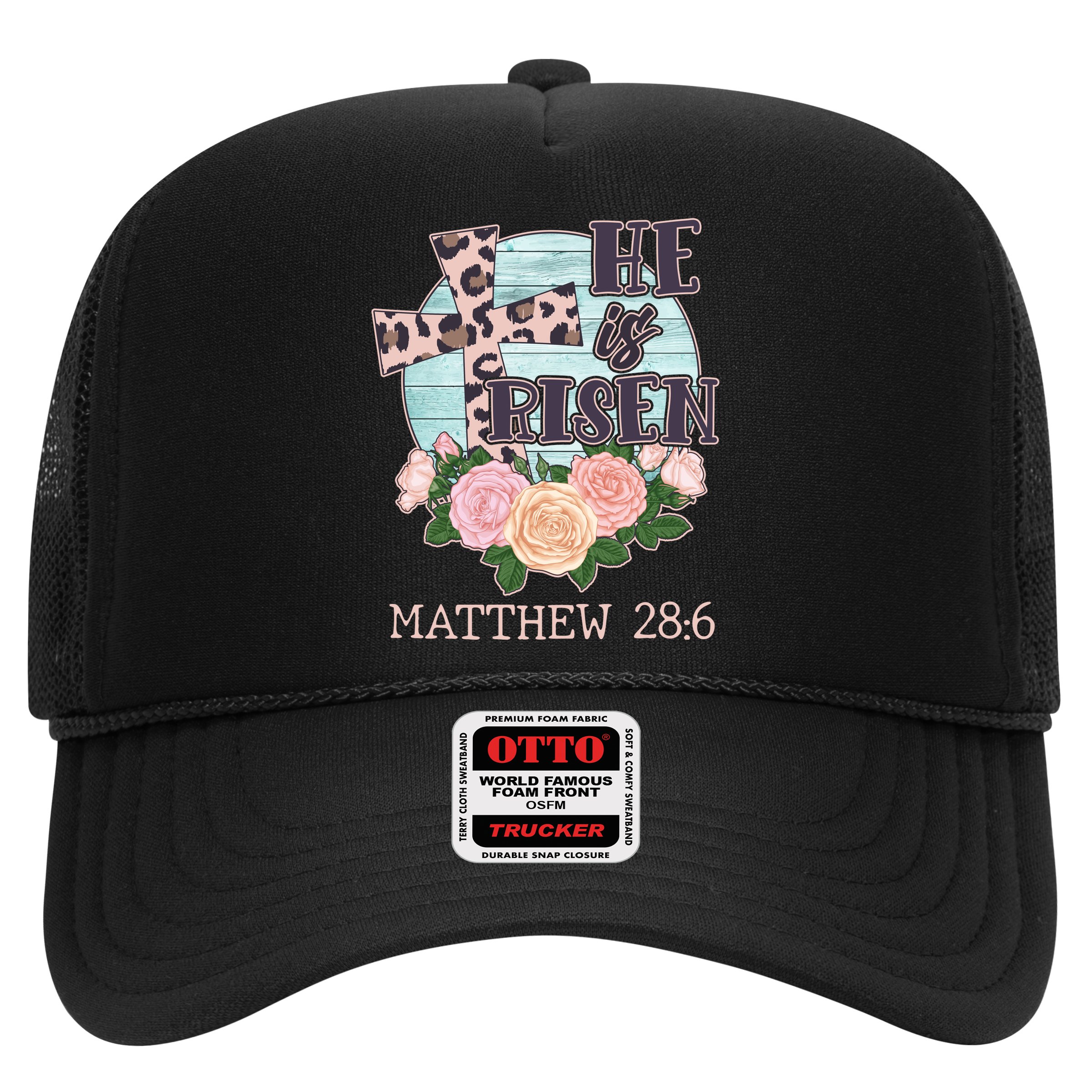 Vintage He is Risen Matthew 28:6 Floral Leopard Print Hat