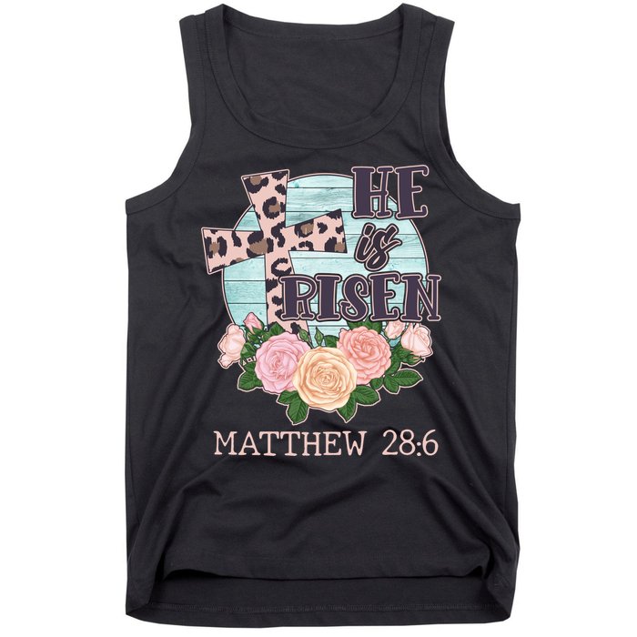 Vintage He is Risen Matthew 28:6 Floral Leopard Print Tank Top