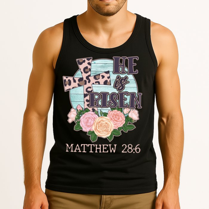Vintage He is Risen Matthew 28:6 Floral Leopard Print Tank Top