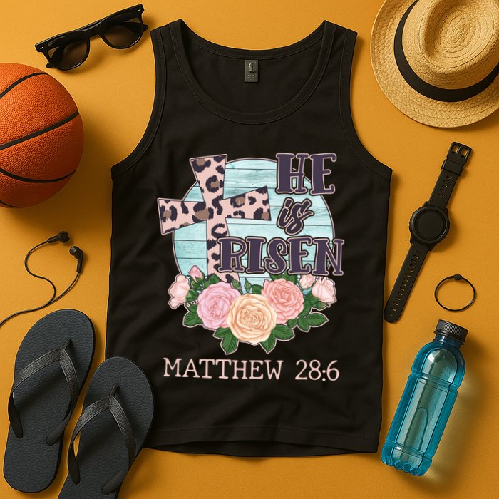 Vintage He is Risen Matthew 28:6 Floral Leopard Print Tank Top