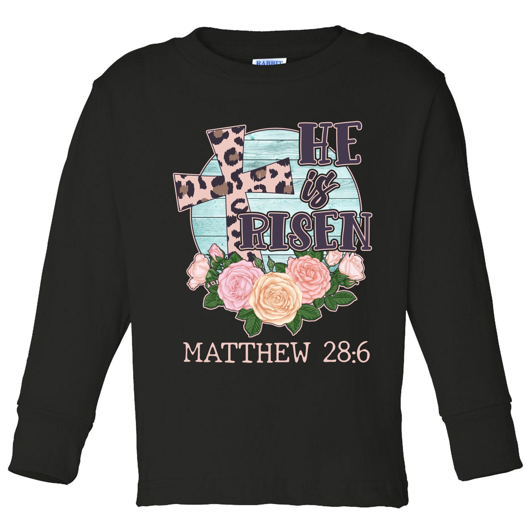 Vintage He is Risen Matthew 28:6 Floral Leopard Print Toddler Long Sleeve Shirt