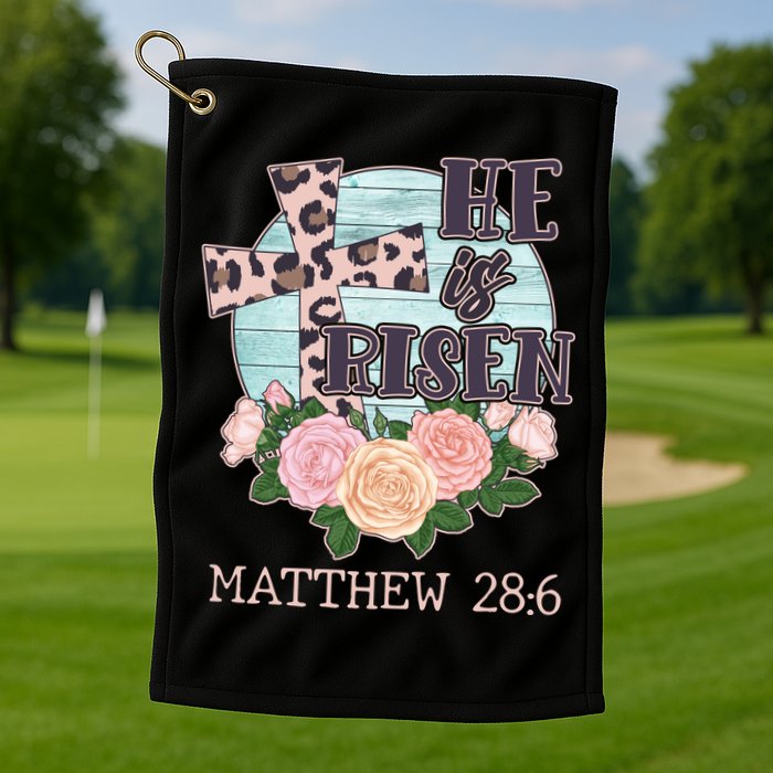 Vintage He is Risen Matthew 28:6 Floral Leopard Print Golf Towel