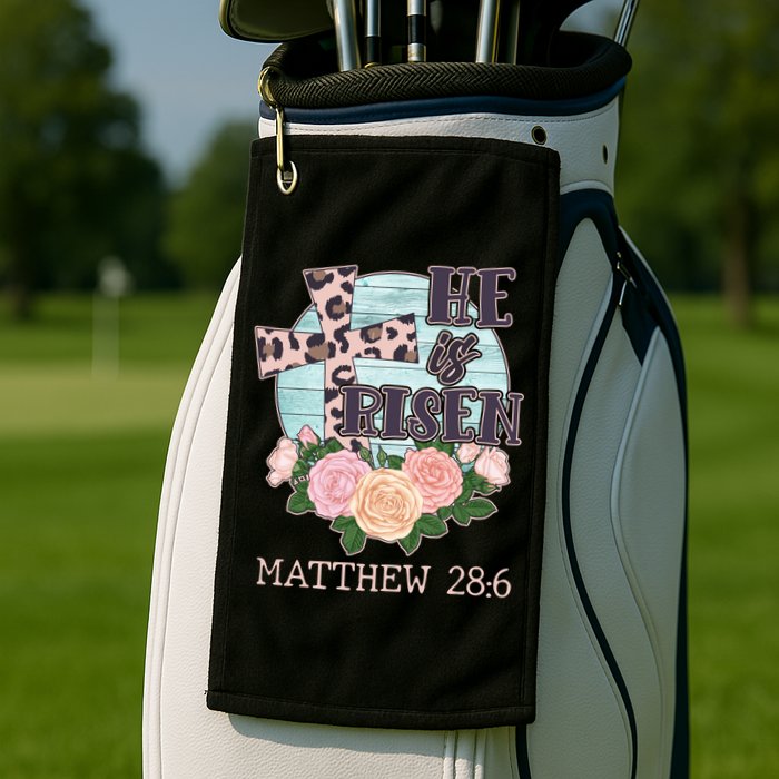 Vintage He is Risen Matthew 28:6 Floral Leopard Print Golf Towel