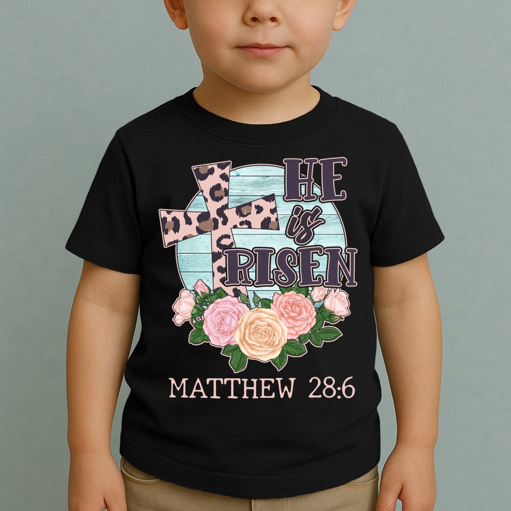 Vintage He is Risen Matthew 28:6 Floral Leopard Print Toddler T-Shirt