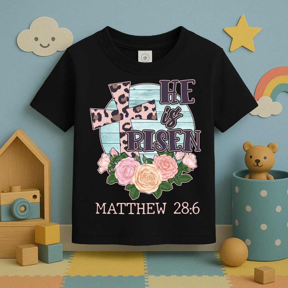 Vintage He is Risen Matthew 28:6 Floral Leopard Print Toddler T-Shirt