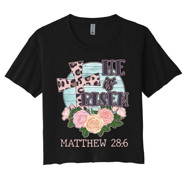 Vintage He is Risen Matthew 28:6 Floral Leopard Print Crop Top