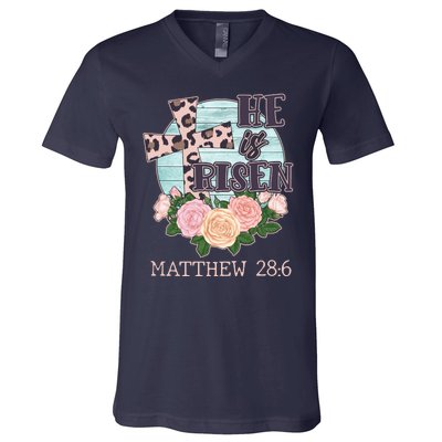 Vintage He is Risen Matthew 28:6 Floral Leopard Print V-Neck T-Shirt