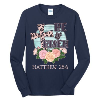 Vintage He is Risen Matthew 28:6 Floral Leopard Print Tall Long Sleeve T-Shirt