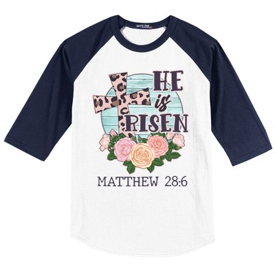 Vintage He is Risen Matthew 28:6 Floral Leopard Print Baseball Sleeve Shirt