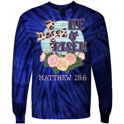 Vintage He is Risen Matthew 28:6 Floral Leopard Print Tie-Dye Long Sleeve Shirt