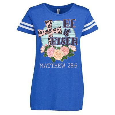 Vintage He is Risen Matthew 28:6 Floral Leopard Print Enza Ladies Jersey Football T-Shirt