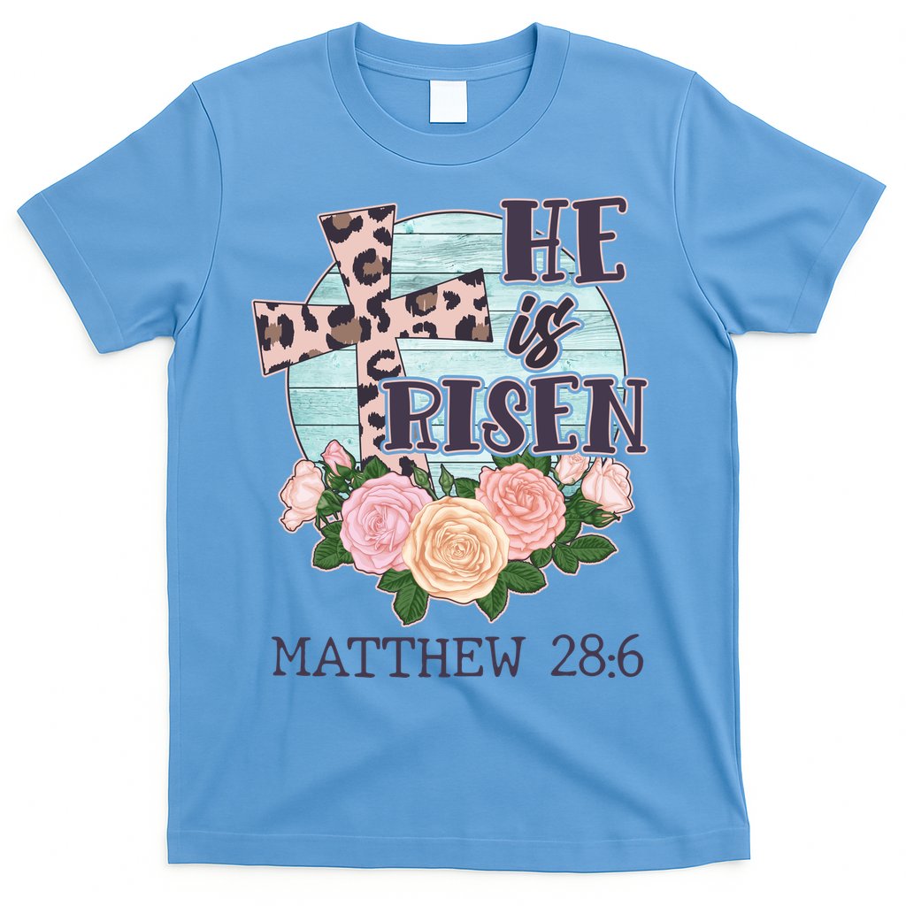 Vintage He is Risen Matthew 28:6 Floral Leopard Print T-Shirt