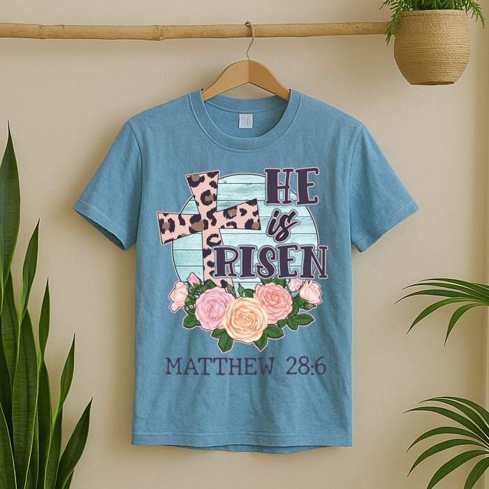 Vintage He is Risen Matthew 28:6 Floral Leopard Print T-Shirt