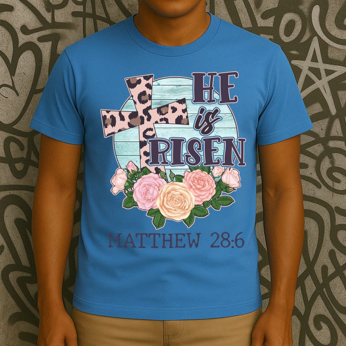 Vintage He is Risen Matthew 28:6 Floral Leopard Print T-Shirt