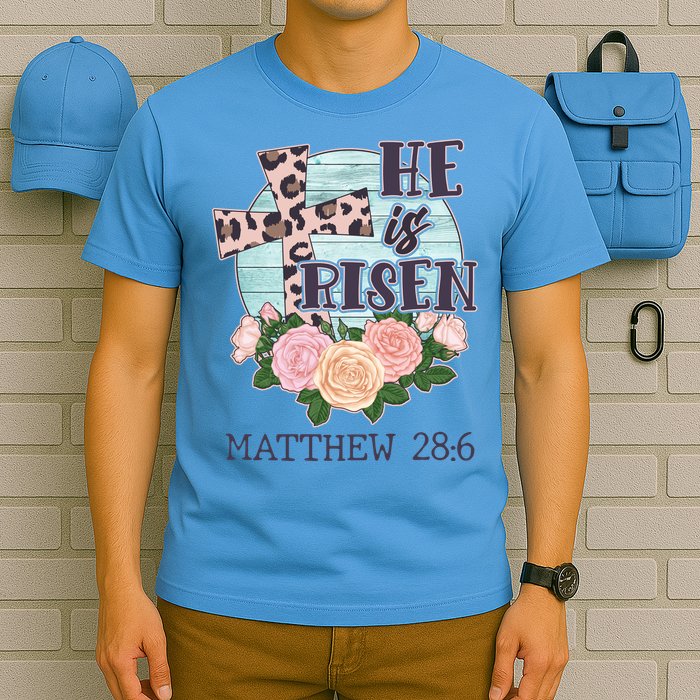 Vintage He is Risen Matthew 28:6 Floral Leopard Print T-Shirt
