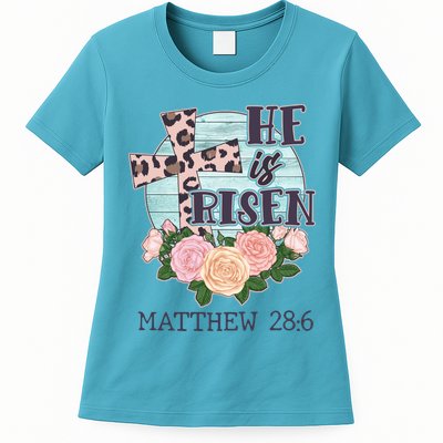 Vintage He is Risen Matthew 28:6 Floral Leopard Print Womens T-Shirt