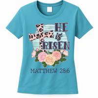Vintage He is Risen Matthew 28:6 Floral Leopard Print Womens T-Shirt