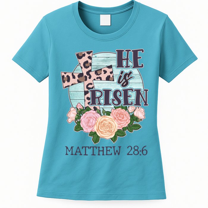 Vintage He is Risen Matthew 28:6 Floral Leopard Print Womens T-Shirt