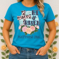 Vintage He is Risen Matthew 28:6 Floral Leopard Print Womens T-Shirt