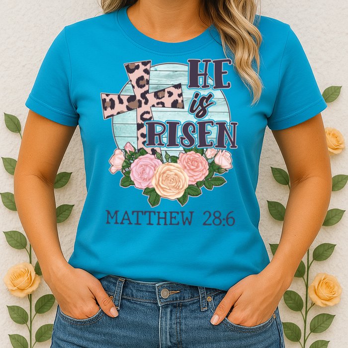 Vintage He is Risen Matthew 28:6 Floral Leopard Print Womens T-Shirt
