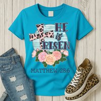 Vintage He is Risen Matthew 28:6 Floral Leopard Print Womens T-Shirt