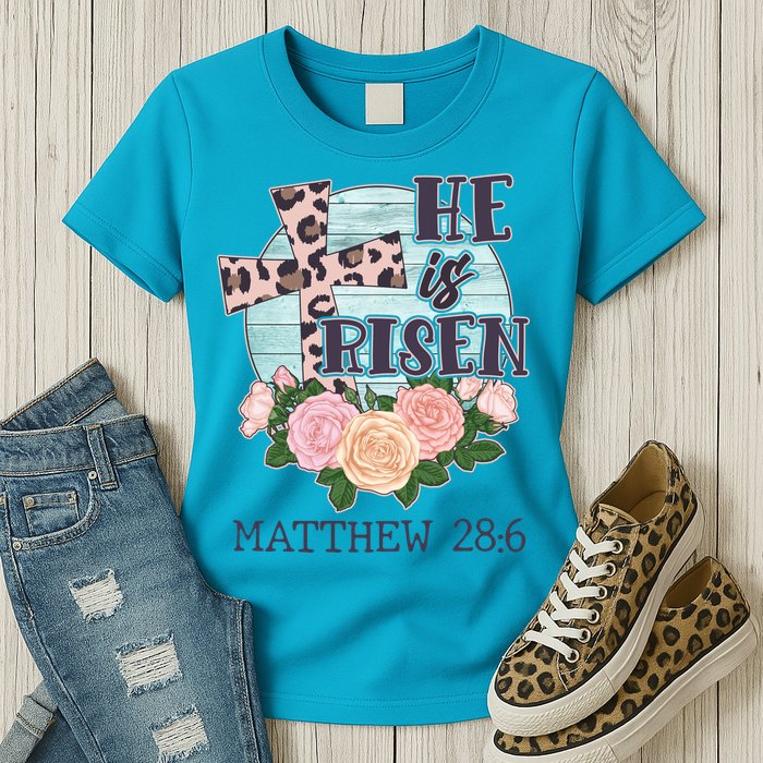 Vintage He is Risen Matthew 28:6 Floral Leopard Print Womens T-Shirt