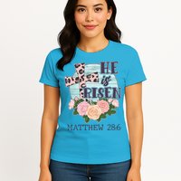 Vintage He is Risen Matthew 28:6 Floral Leopard Print Womens T-Shirt